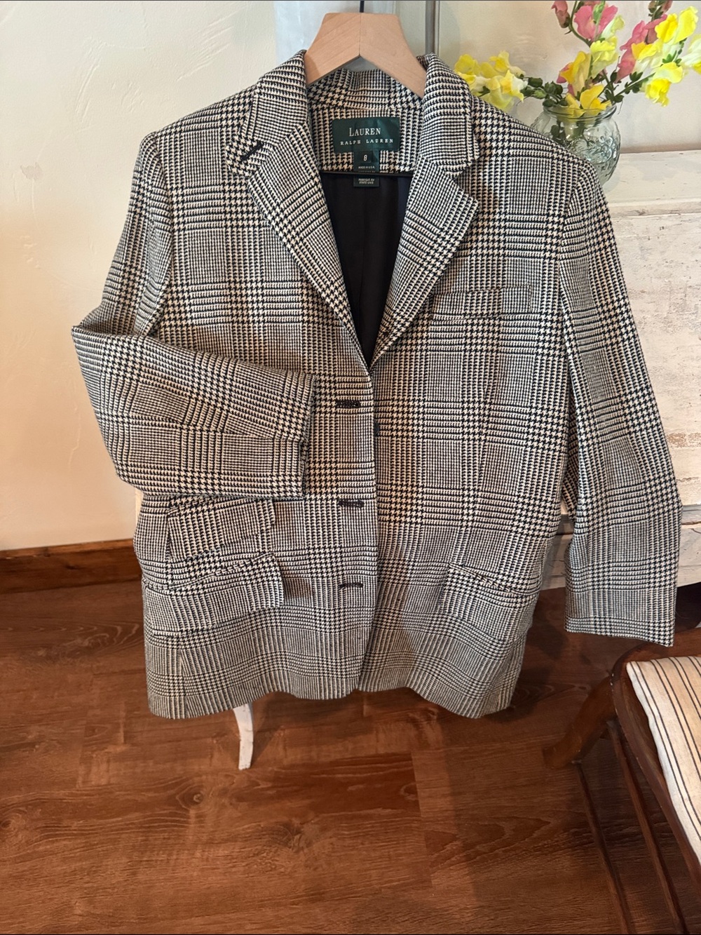 Vintage LAUREN Ralph Lauren Black & White Glen Plaid equestrian Blazer